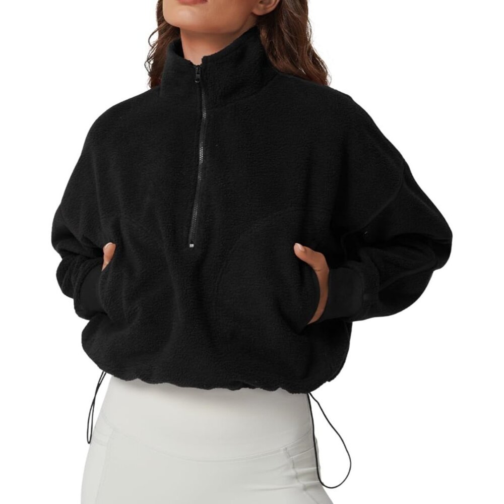 Women's Black Half Zip Fleece Short Pullover Long Sleeve Cozy Sherpa Sweater